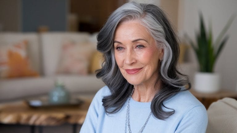 Smiling woman with gray hair indoors.