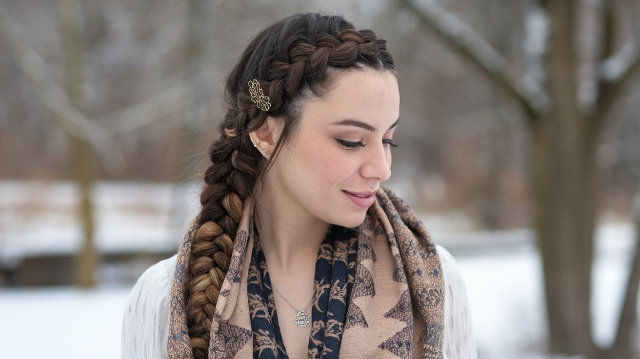 Woman with braided hair in snowy outdoor setting.