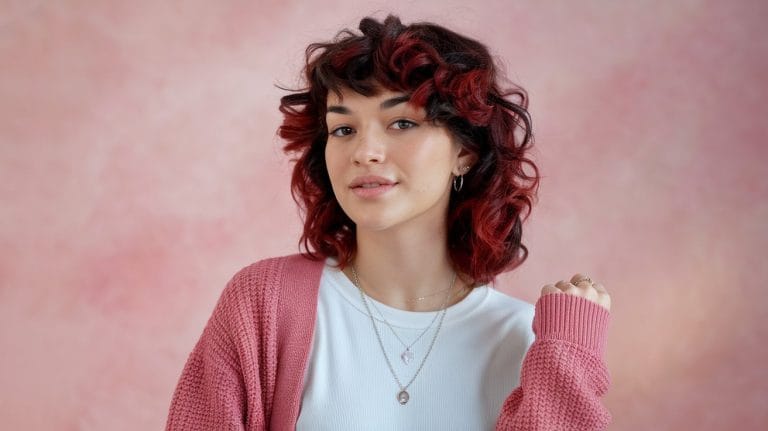 Person with curly hair and pink sweater smiling
