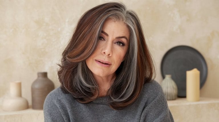 Woman with gray hair, smiling indoors