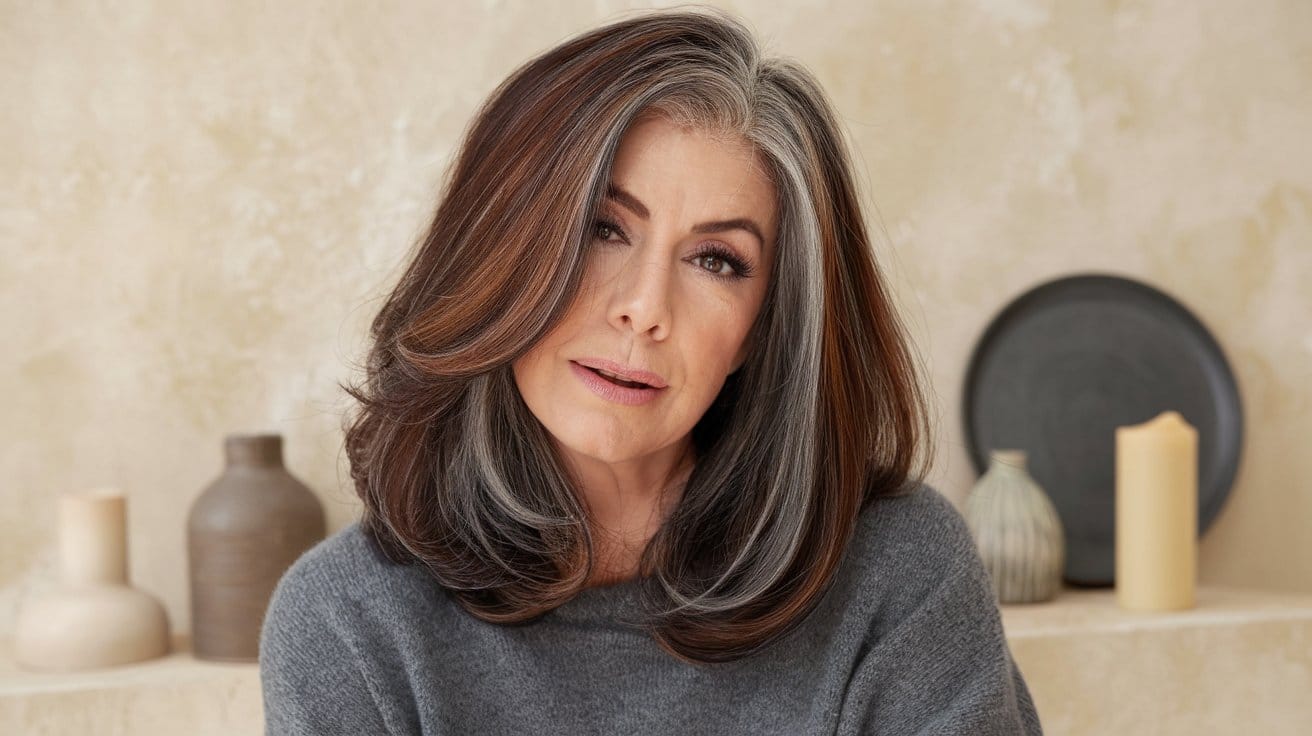 Woman with gray hair, smiling indoors
