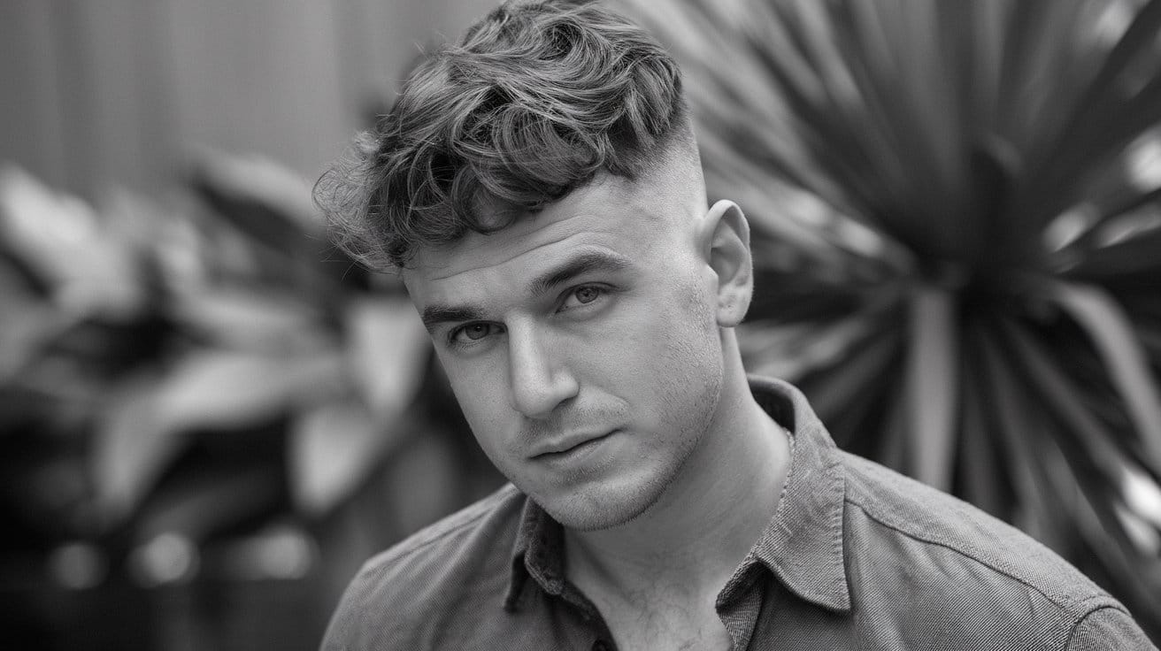 Man with short haircut in black and white photo