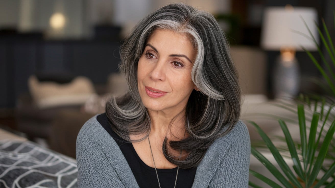 Woman with gray hair sitting indoors