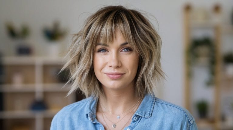 Woman with short blonde hair smiling indoors.