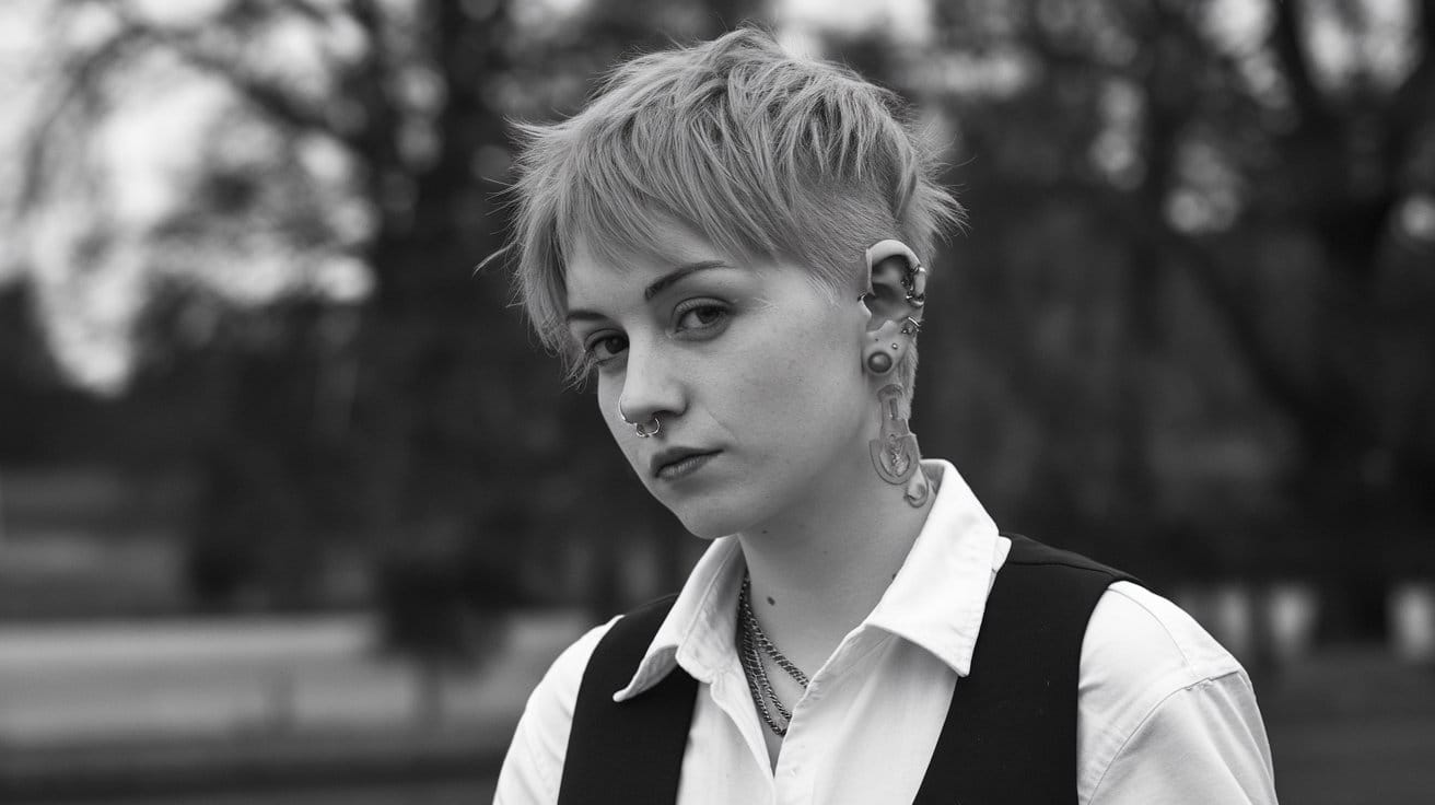Person with short hair and multiple piercings.