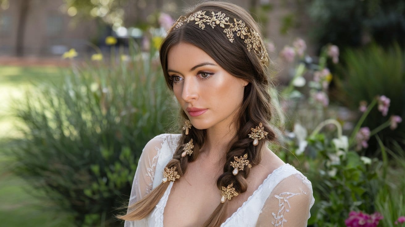 Woman in bridal headpiece outdoors