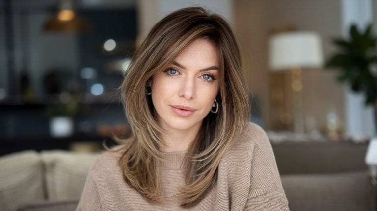 Woman in cozy sweater, indoors, soft lighting