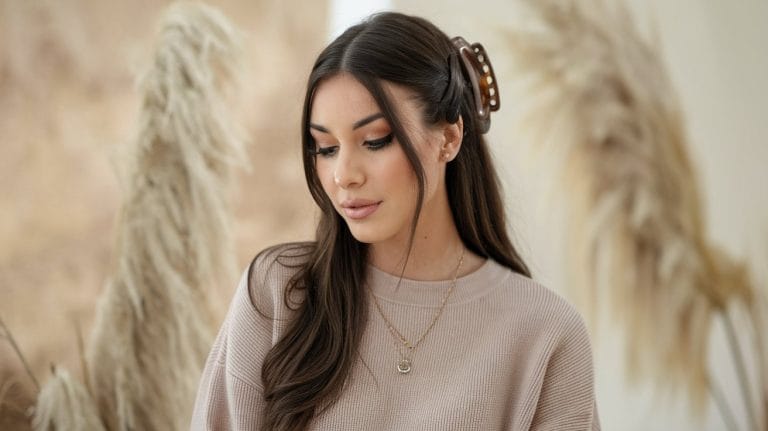 Woman with long hair and pampas grass