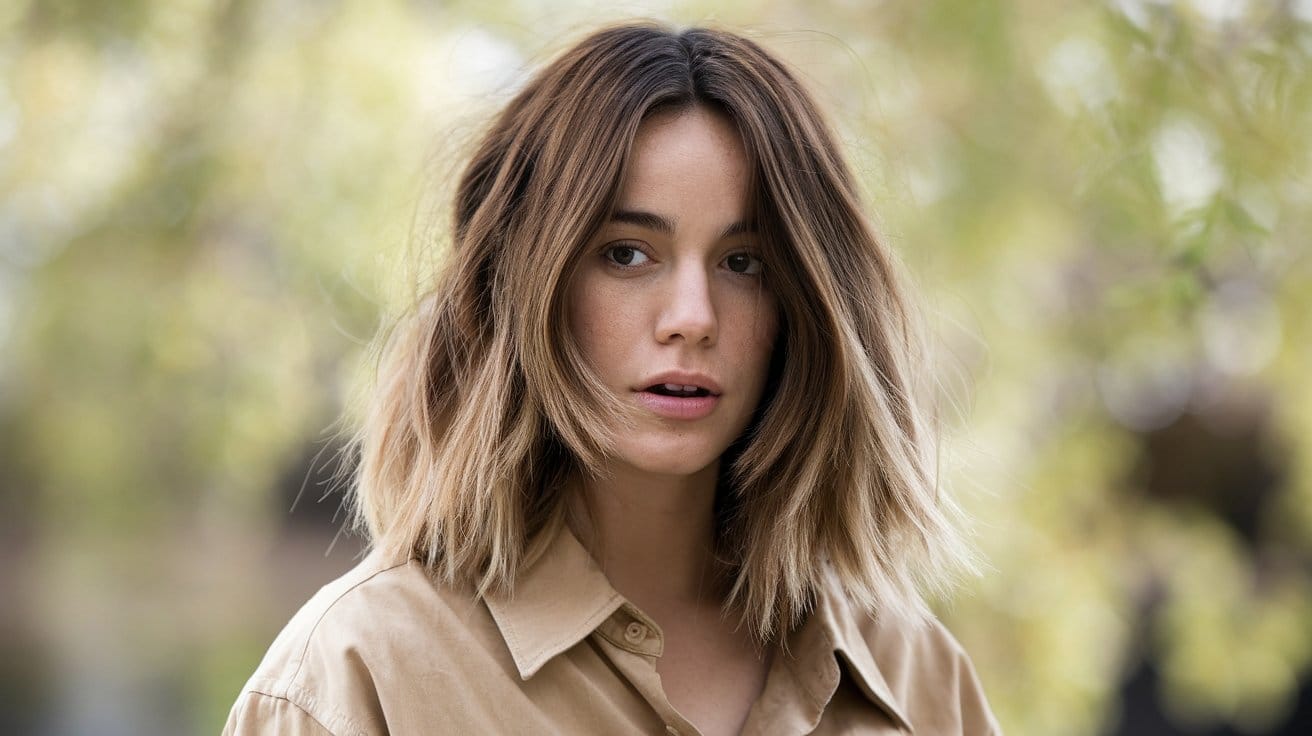 Woman with shoulder-length brown hair outdoors