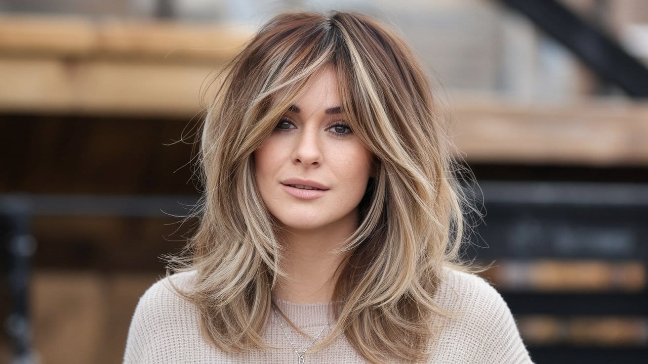 Woman with layered hairstyle and brown highlights