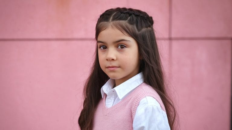 Girl with long hair, pink background
