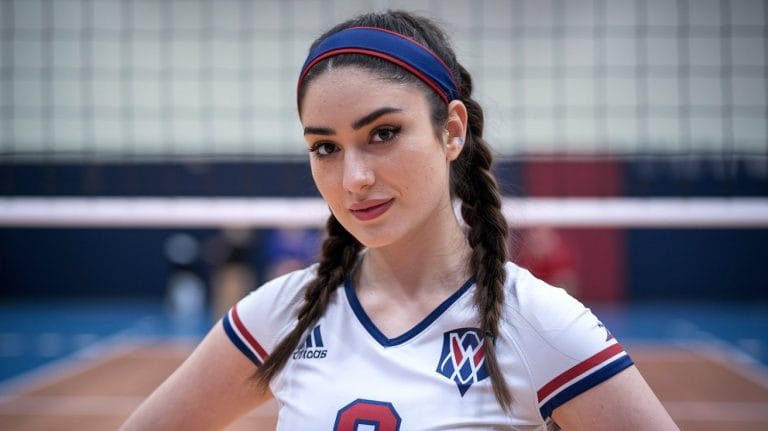 Female volleyball player on indoor court.