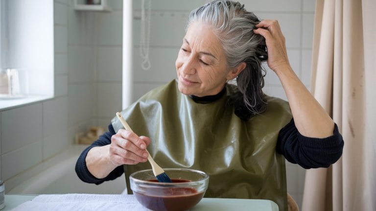 Woman applying hair dye with brush at home.
