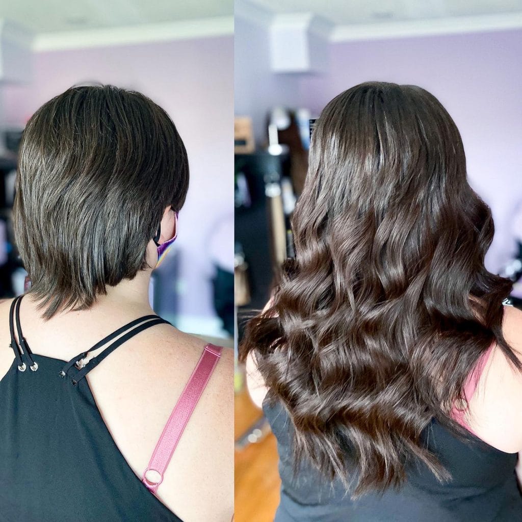 Hair transformation: short to long wavy style.
