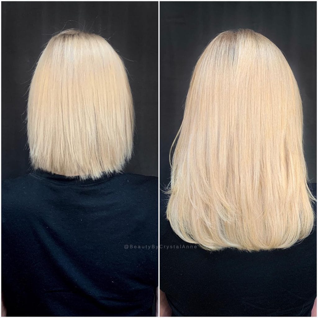 Before and after hair extension transformation.