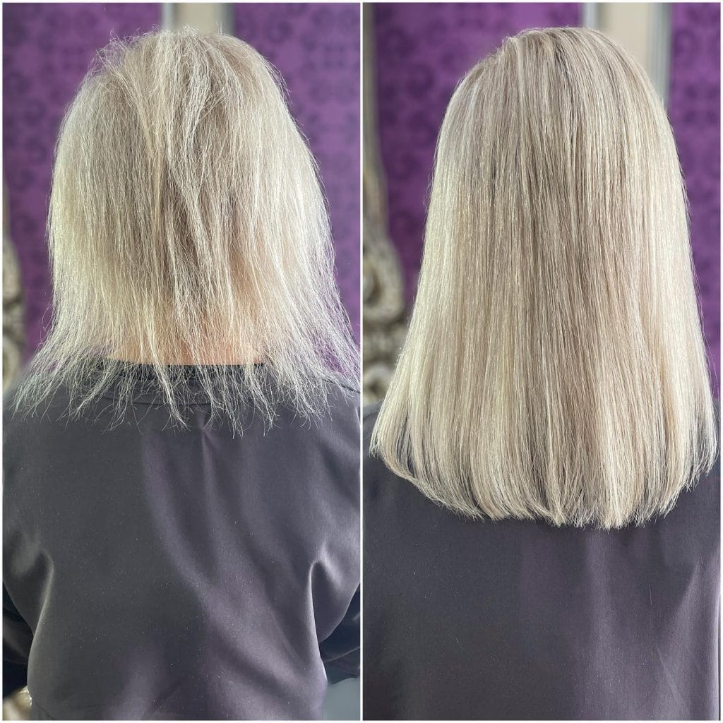 Before and after hair transformation, smoother and straighter.