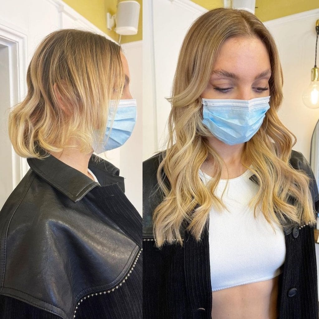 Woman with blonde hair before and after makeover.