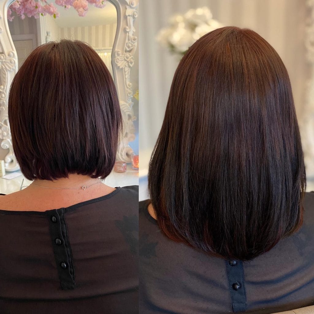 Before and after images of hair extension.