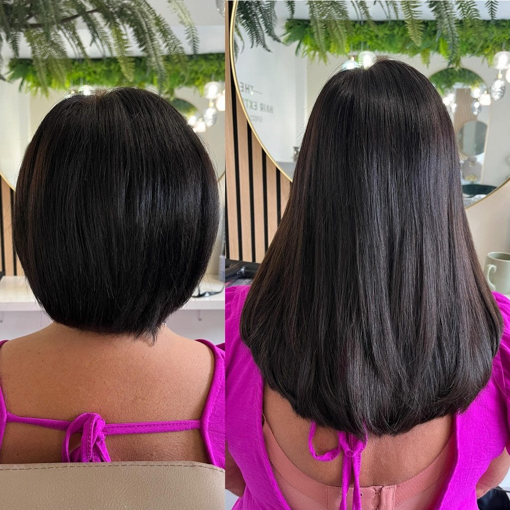 Woman with short and long straight hair transformation.