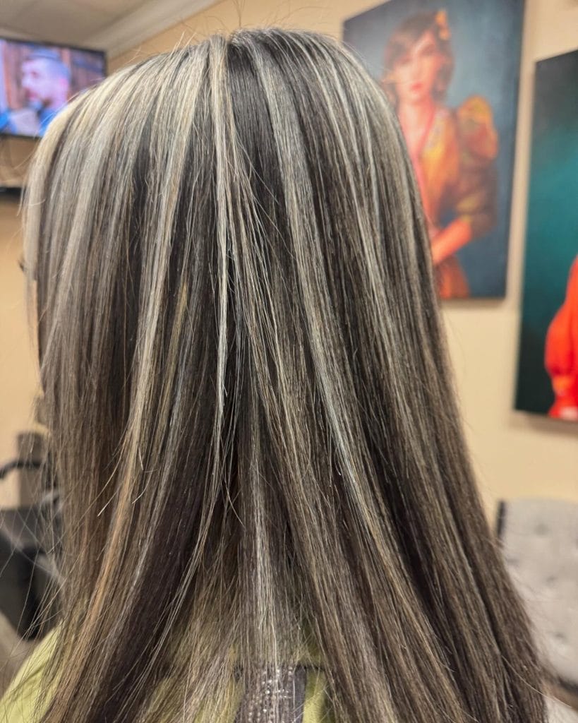 Woman with highlighted brown and blonde hair