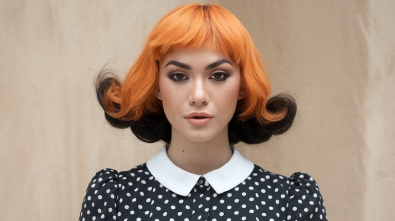 Person with orange bob and polka dot dress.