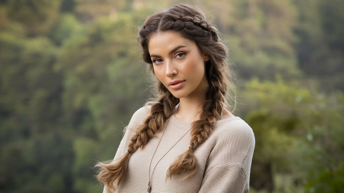 Woman with long braids in nature setting
