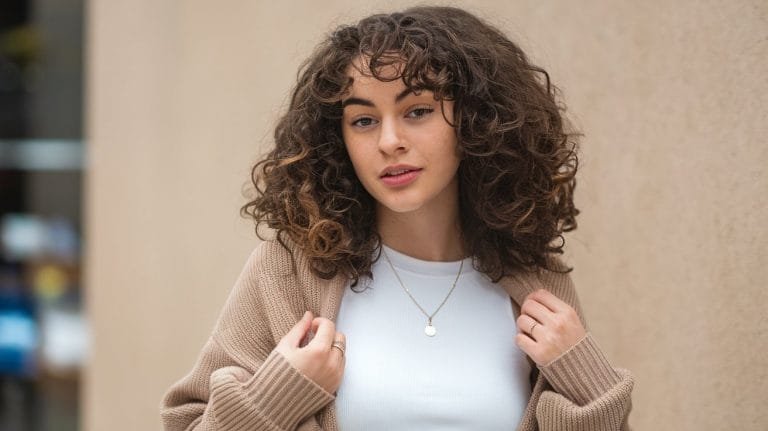 Woman with curly hair and beige sweater.