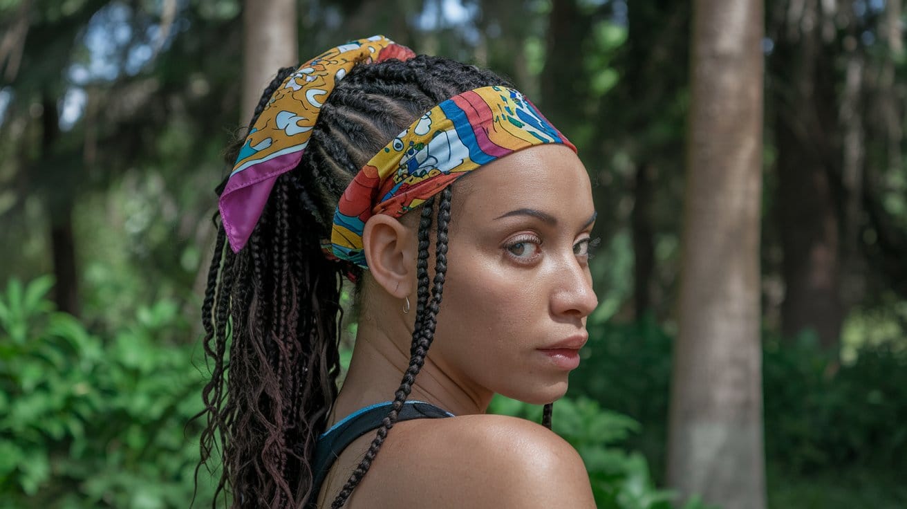 Woman with braided hair and colorful headscarf outdoors.