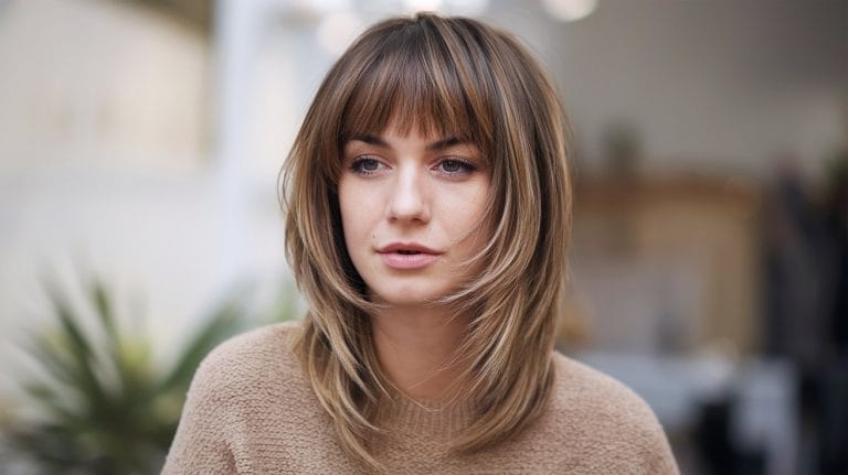 Woman with layered hairstyle and bangs.