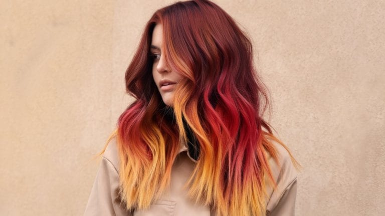 Woman with vibrant red and orange ombre hair