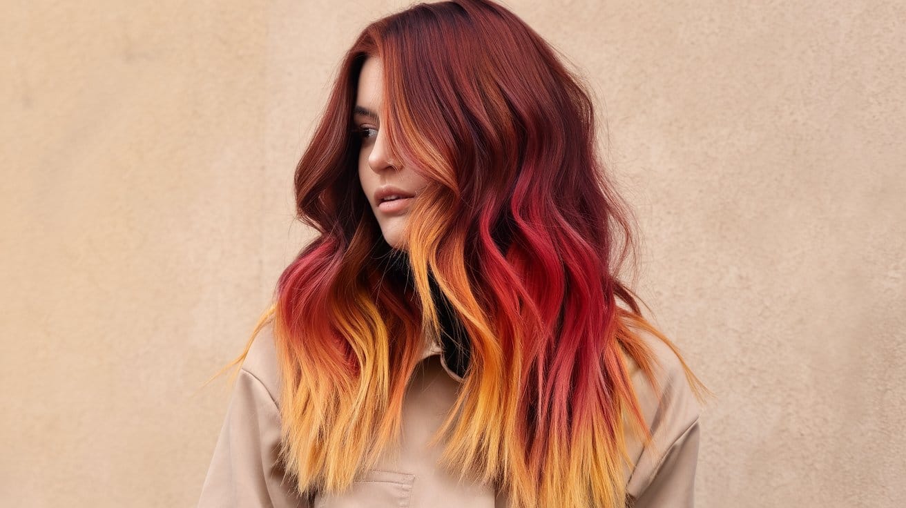Woman with vibrant red and orange ombre hair
