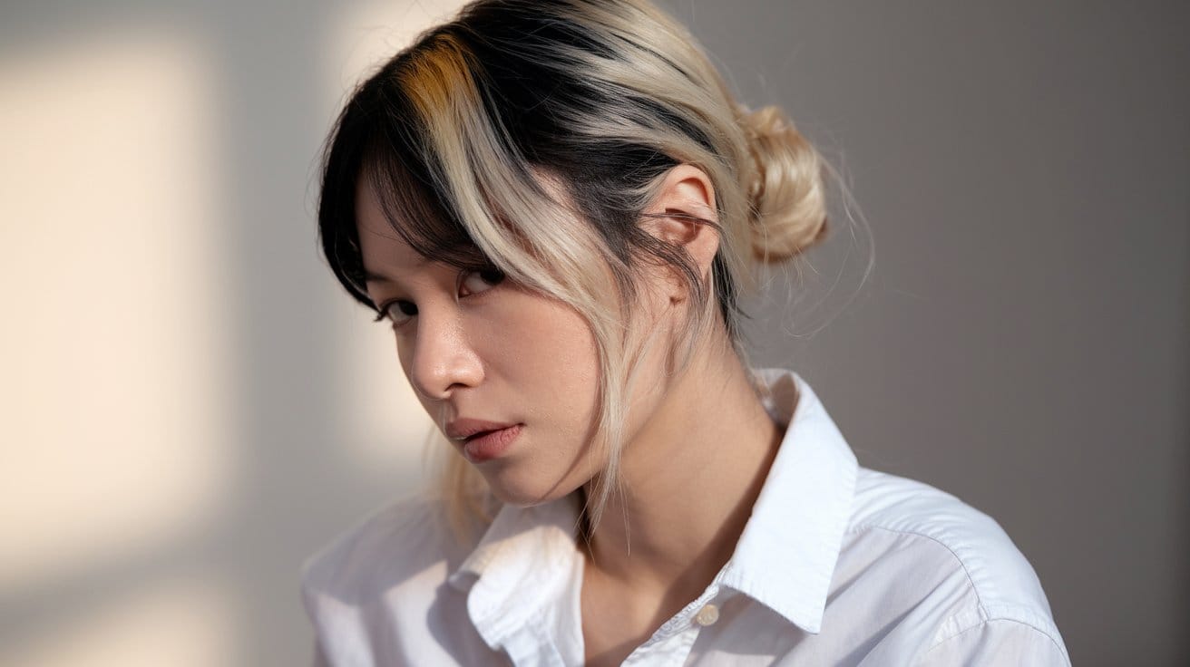 Portrait of a thoughtful person with dyed hair.