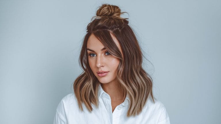 Woman with wavy hair and top bun hairstyle.