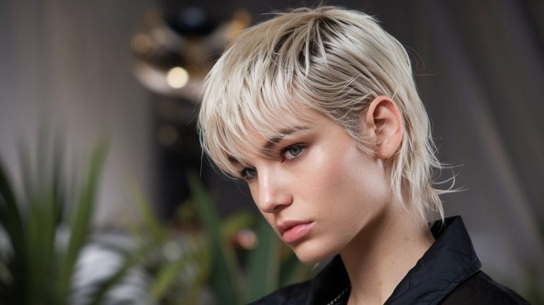 Person with short platinum blonde hair