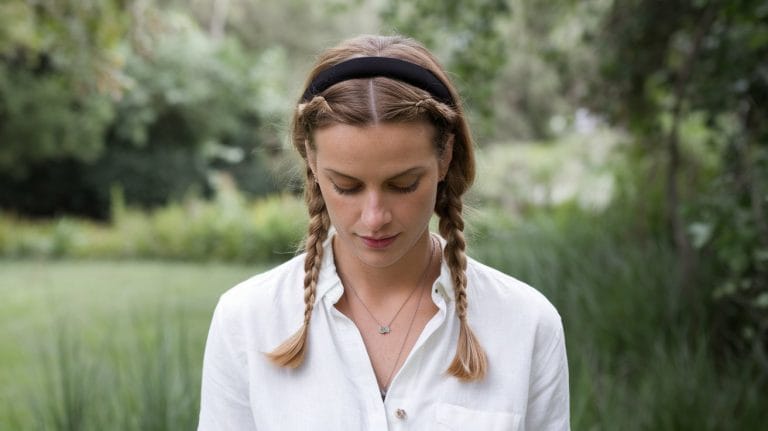 Woman with braids standing outdoors in garden.