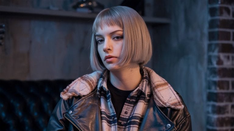 Person in leather jacket with short blonde hair