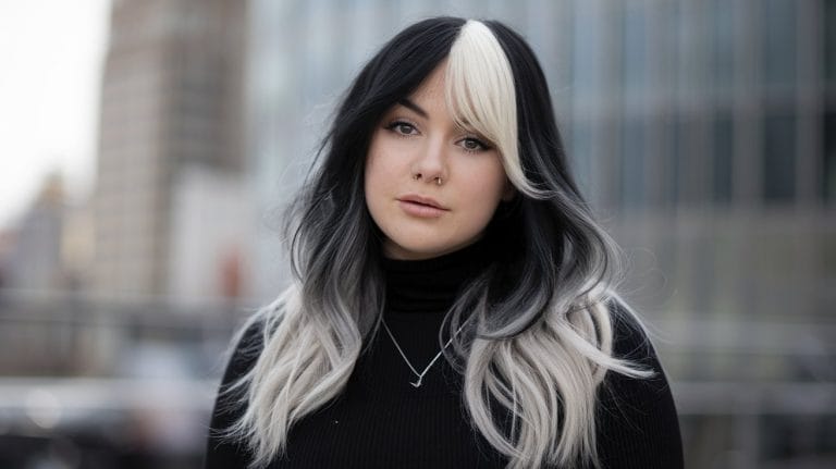 Woman with black and white hair posing outdoors.