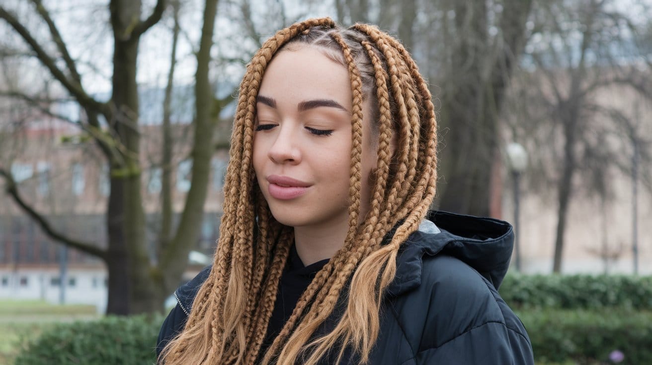 Person with braids outdoors, eyes closed, peaceful expression.