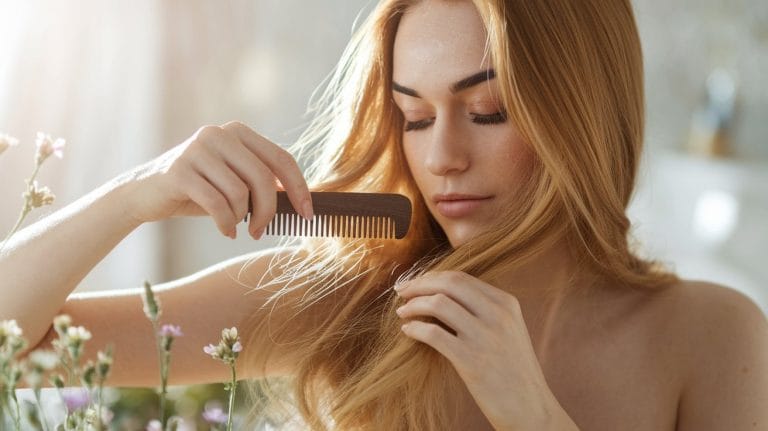 Woman combing long blonde hair in sunlight