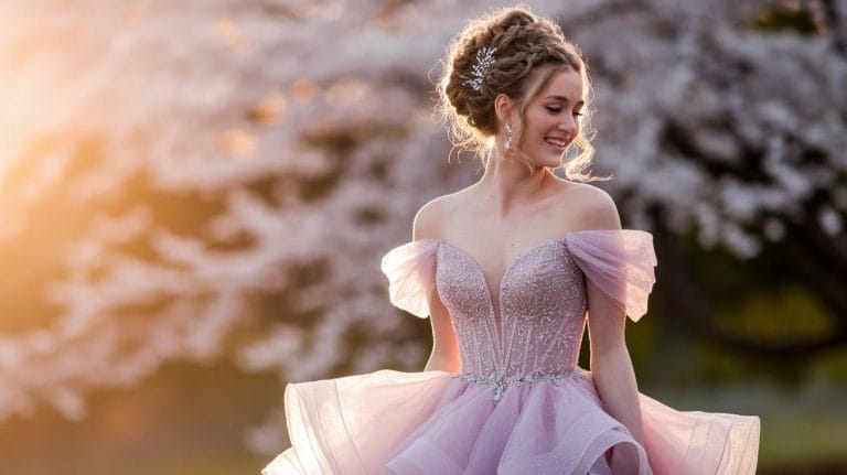 Woman in elegant pink dress near cherry blossoms.