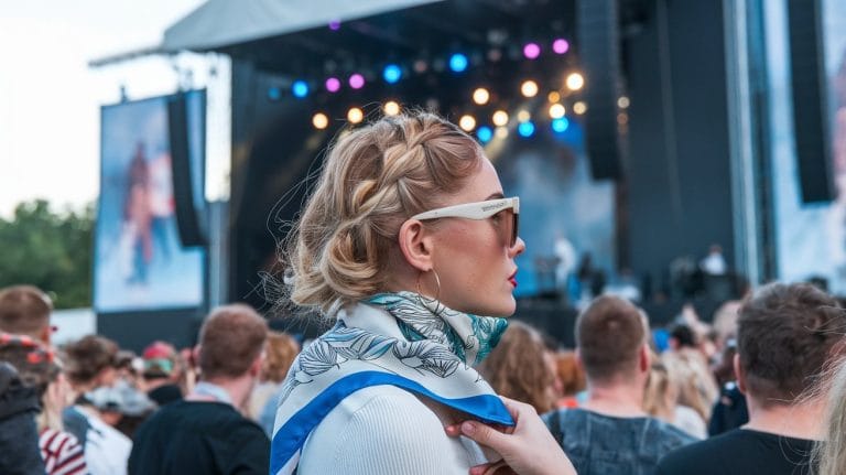 Woman enjoys live concert with vibrant stage lights.