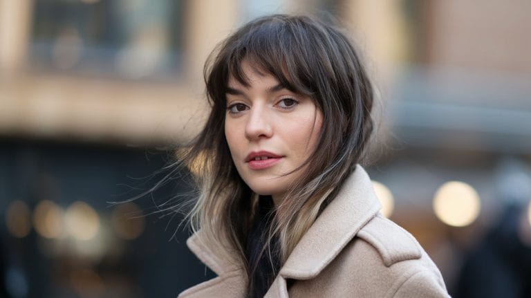 Woman in coat posing outdoors, blurred background.