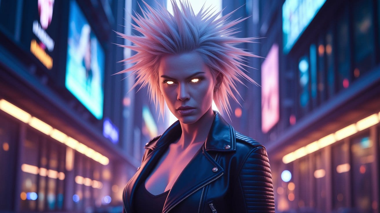 Futuristic character with glowing eyes in cityscape