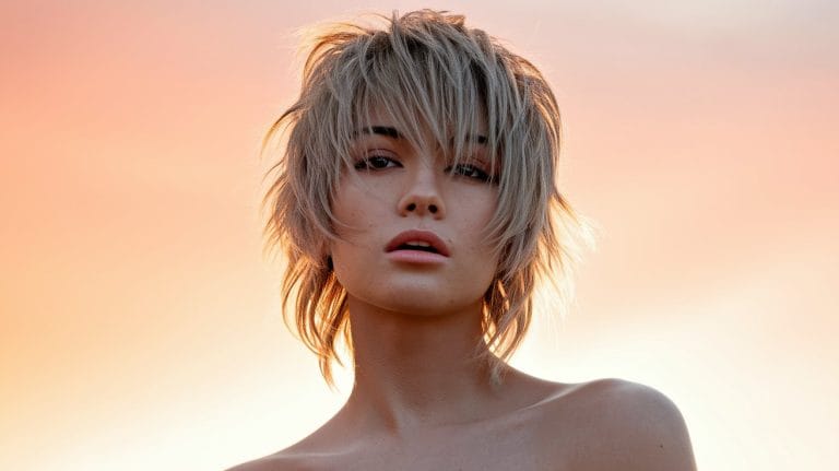 Person with short hair at sunset.