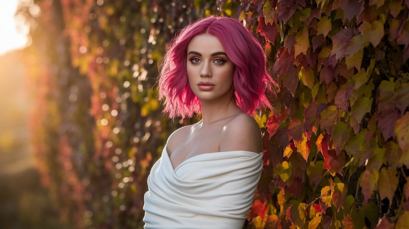 Woman with pink hair against autumn leaves background.