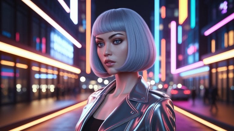 Model in futuristic city with neon lights