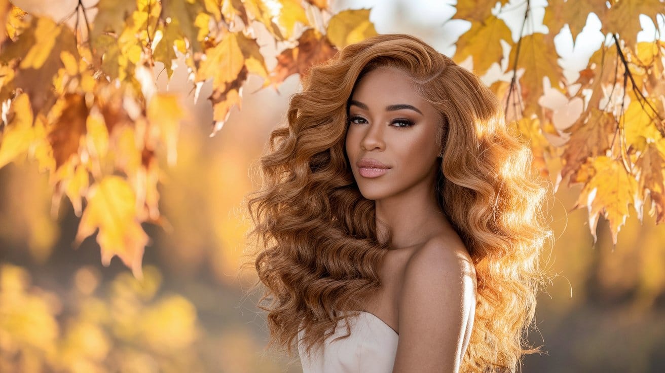 Person with curly hair under fall leaves