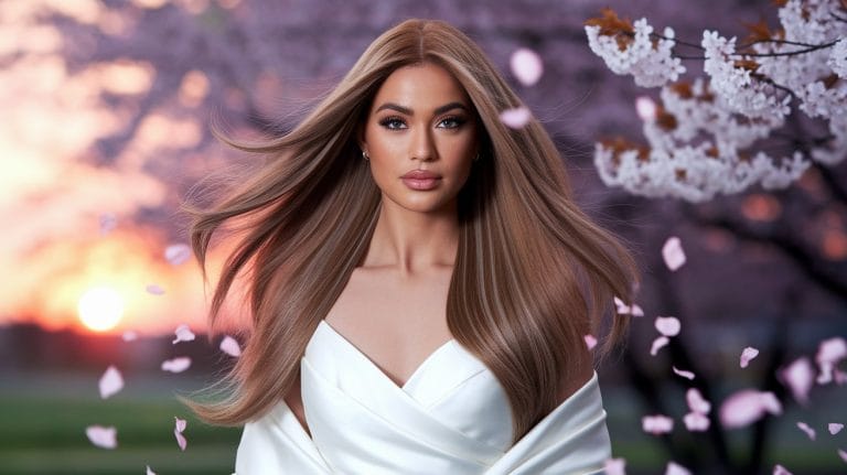 Woman in white dress, cherry blossoms, sunset background.