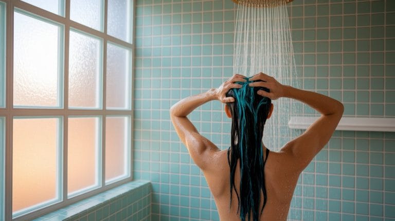 Person washing hair under shower in tiled bathroom.