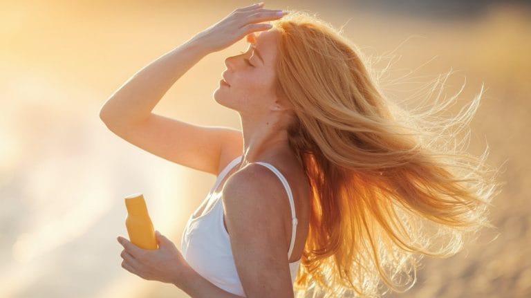 Woman applying sunscreen at sunset beach